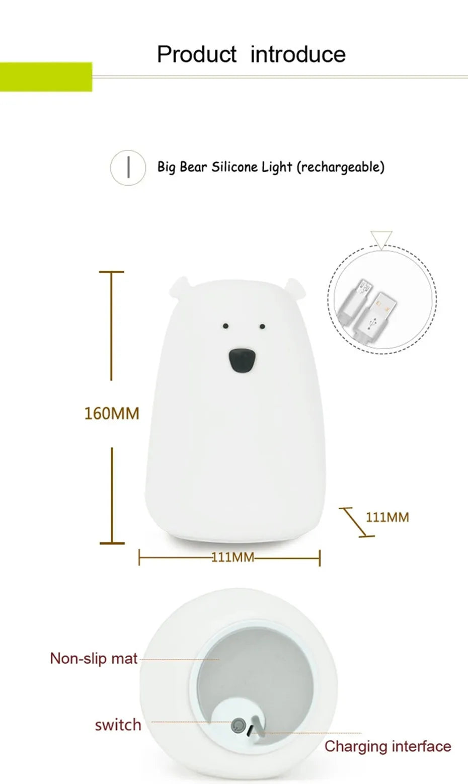 Bear LED Night Light - Touch Sensor Bedside Lamp for Kids