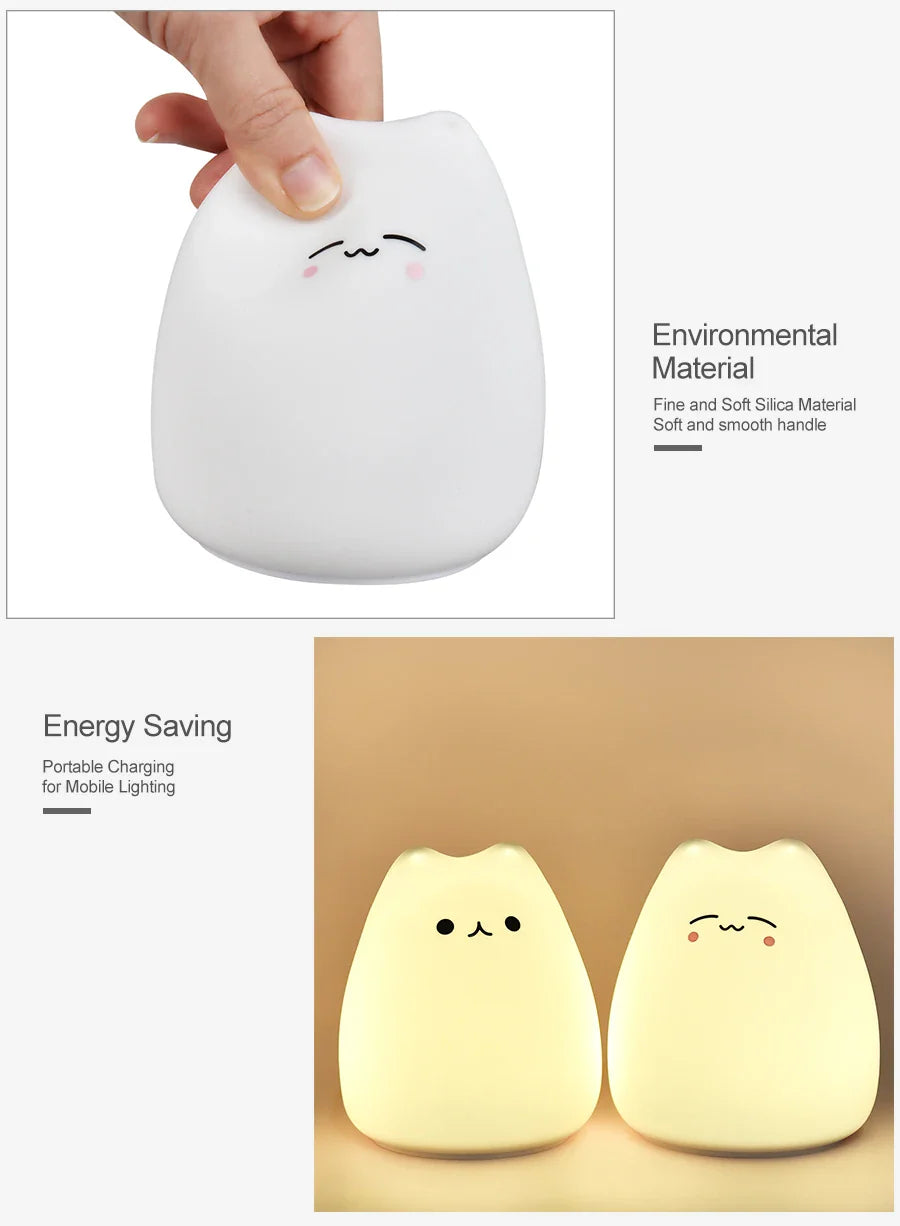 Cat Night Light - 7-Color Silicone Touch Lamp