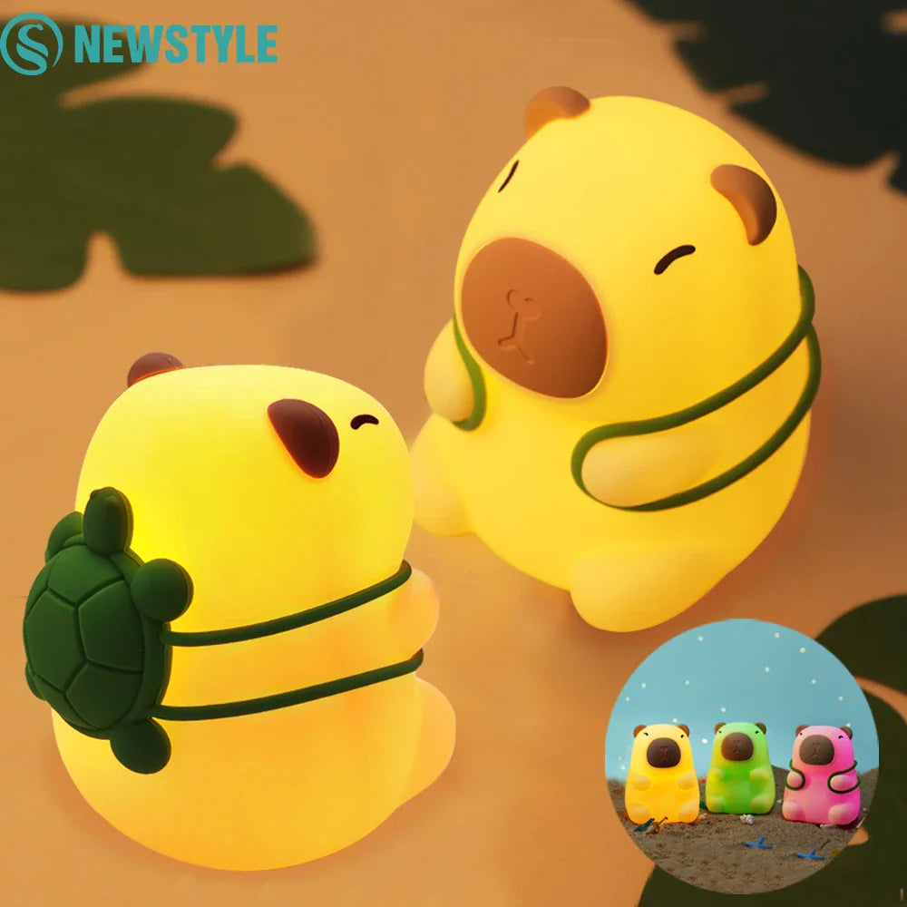 Capybara with Turtle Backpack Night Light - 7-Color Dimmable Silicone Lamp