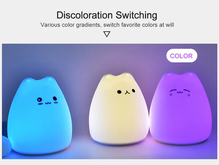 Cat Night Light - 7-Color Silicone Touch Lamp