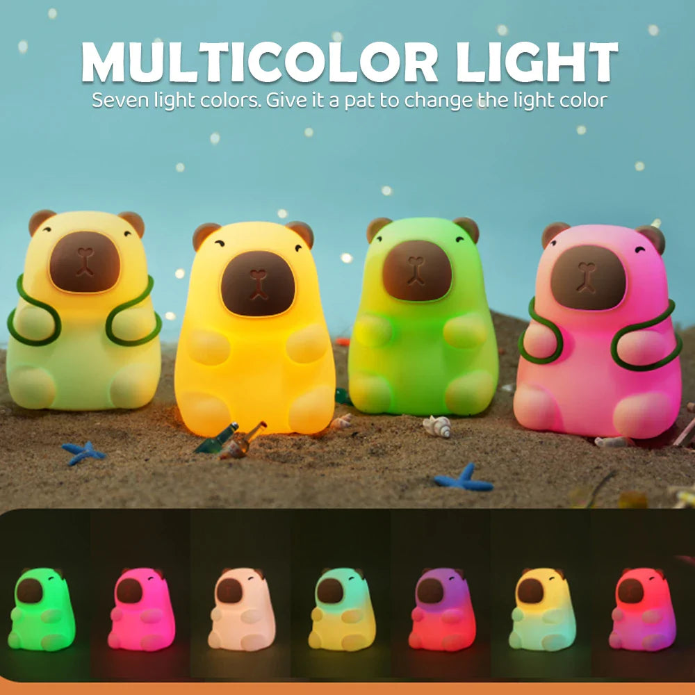 Capybara with Turtle Backpack Night Light - 7-Color Dimmable Silicone Lamp